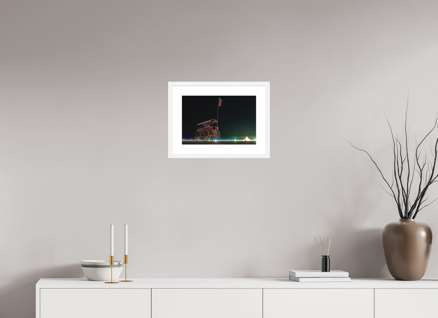 15 x 10″, Solid 0.8" White Wood Frame With 2" Natural White Passe-Partout with Museum Glass Burning Man - Art Car with Flag