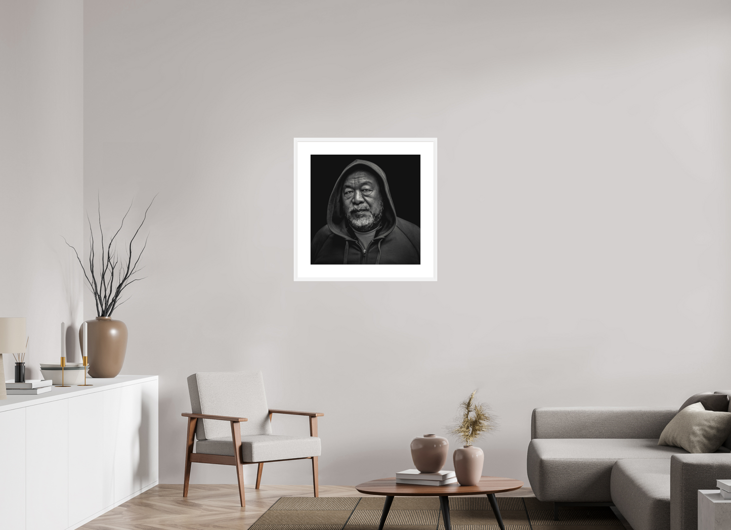 25 x 25″, Solid 0.8" White Wood Frame With 3" Natural White Passe-Partout with Museum Glass Ai WeiWei, Chinese contemporary artist