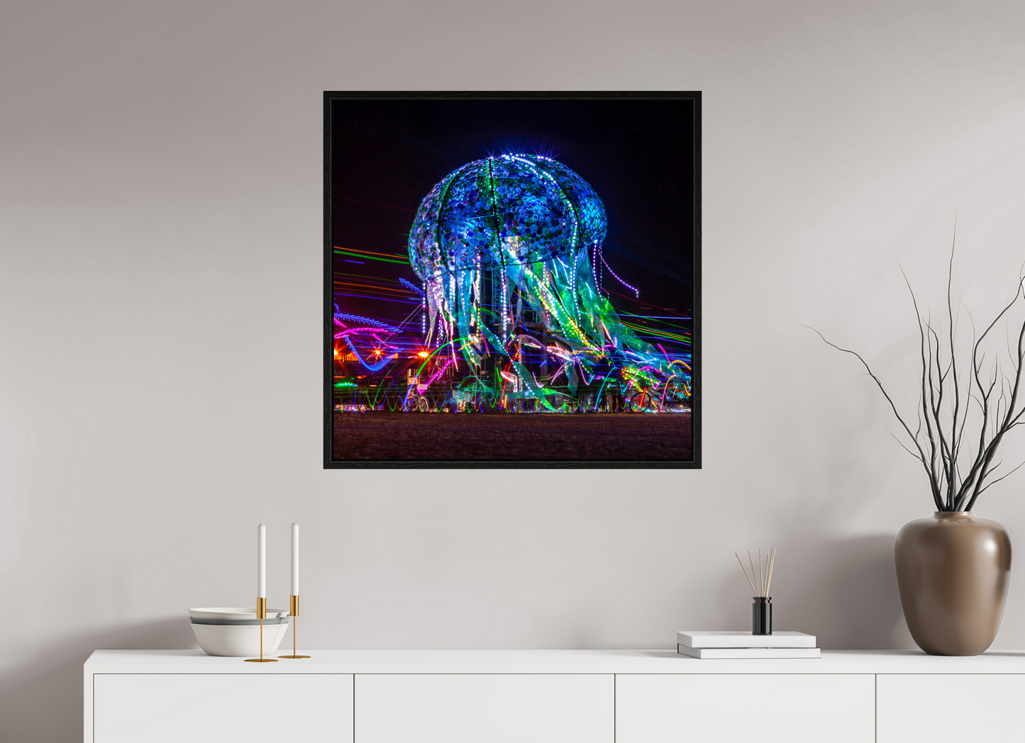 30 x 30″, Floater Frame Burning Man - Glass Jellyfish