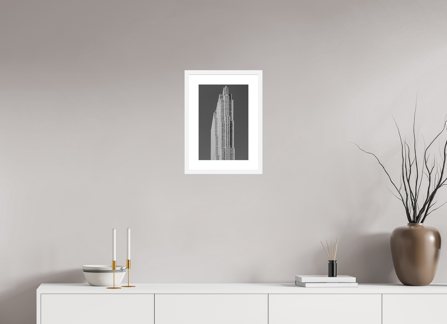 10 x 15″, Solid 0.8" White Wood Frame With 2" Natural White Passe-Partout with Museum Glass Rockefeller Center