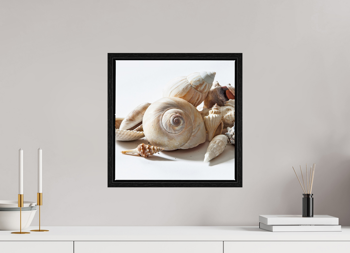 15 x 15″, Floater Frame Sea Shells
