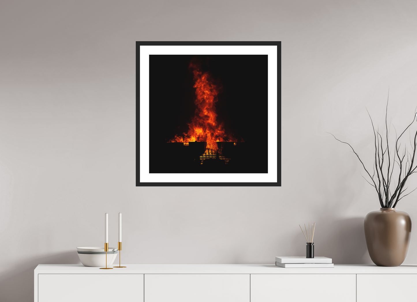 25 x 25″, Solid 0.8" Black Wood Frame With 2" Natural White Passe-Partout with Museum Glass Burning Man - Flames