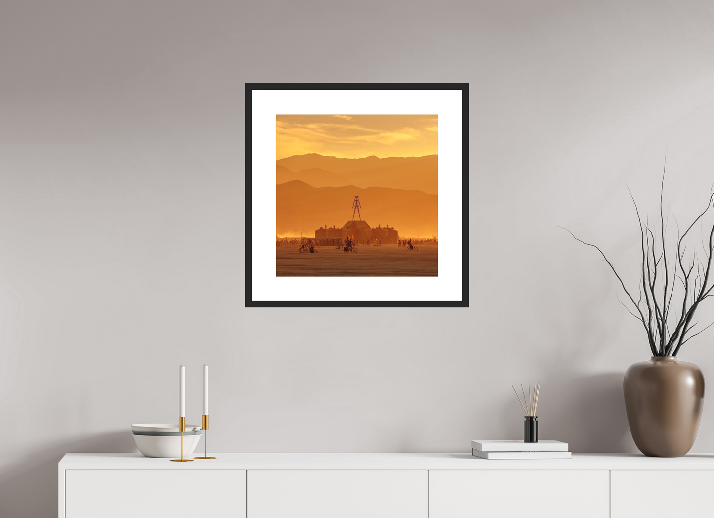 20 x 20″, Solid 0.8" Black Wood Frame With 3" Natural White Passe-Partout with Museum Glass Burning Man with Mountains