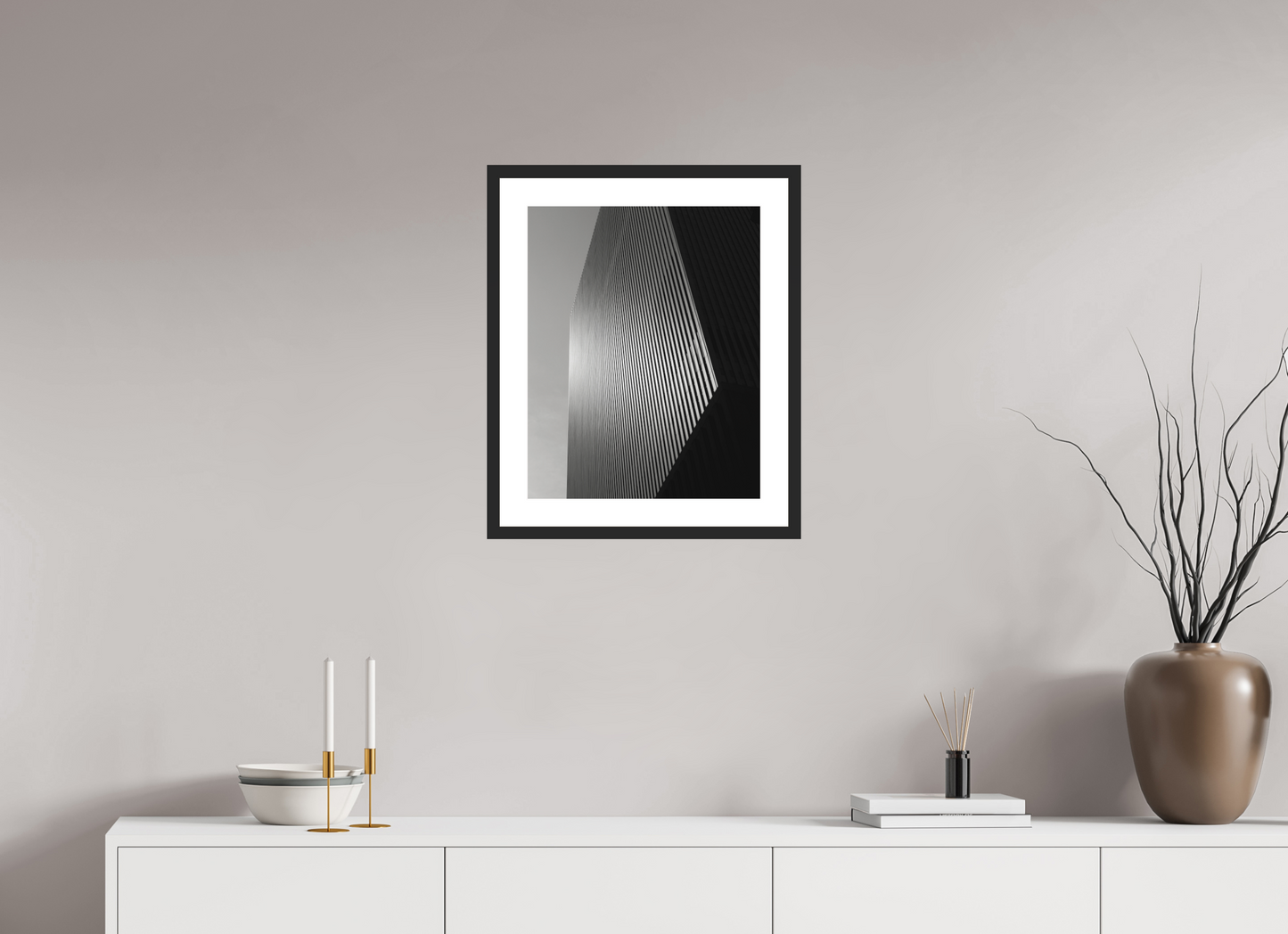 16 x 20″, Solid 0.8" Black Wood Frame With 2" Natural White Passe-Partout with Museum Glass Architectural Facade