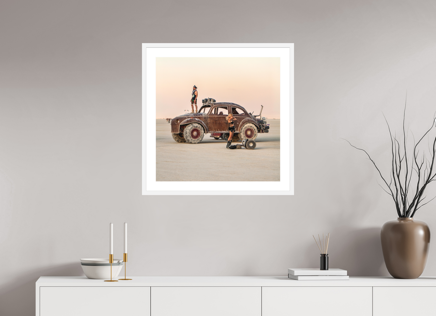 25 x 25″, Solid 0.8" White Wood Frame With 2" Natural White Passe-Partout with Museum Glass Burning Man - Large VW Art Car (square format)