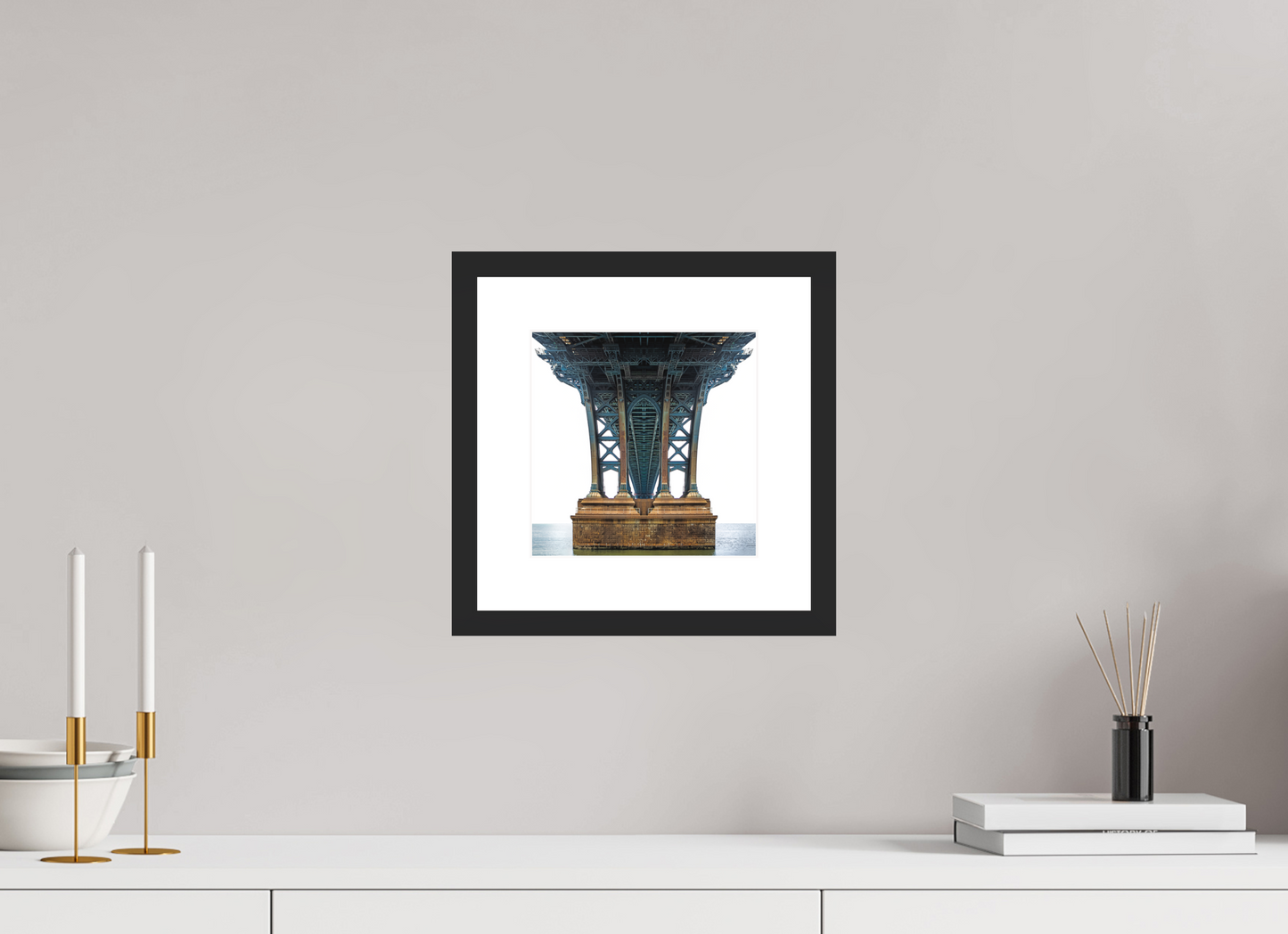 8 x 8″, Solid 0.8" Black Wood Frame With 2" Natural White Passe-Partout with Museum Glass Manhattan Bridge