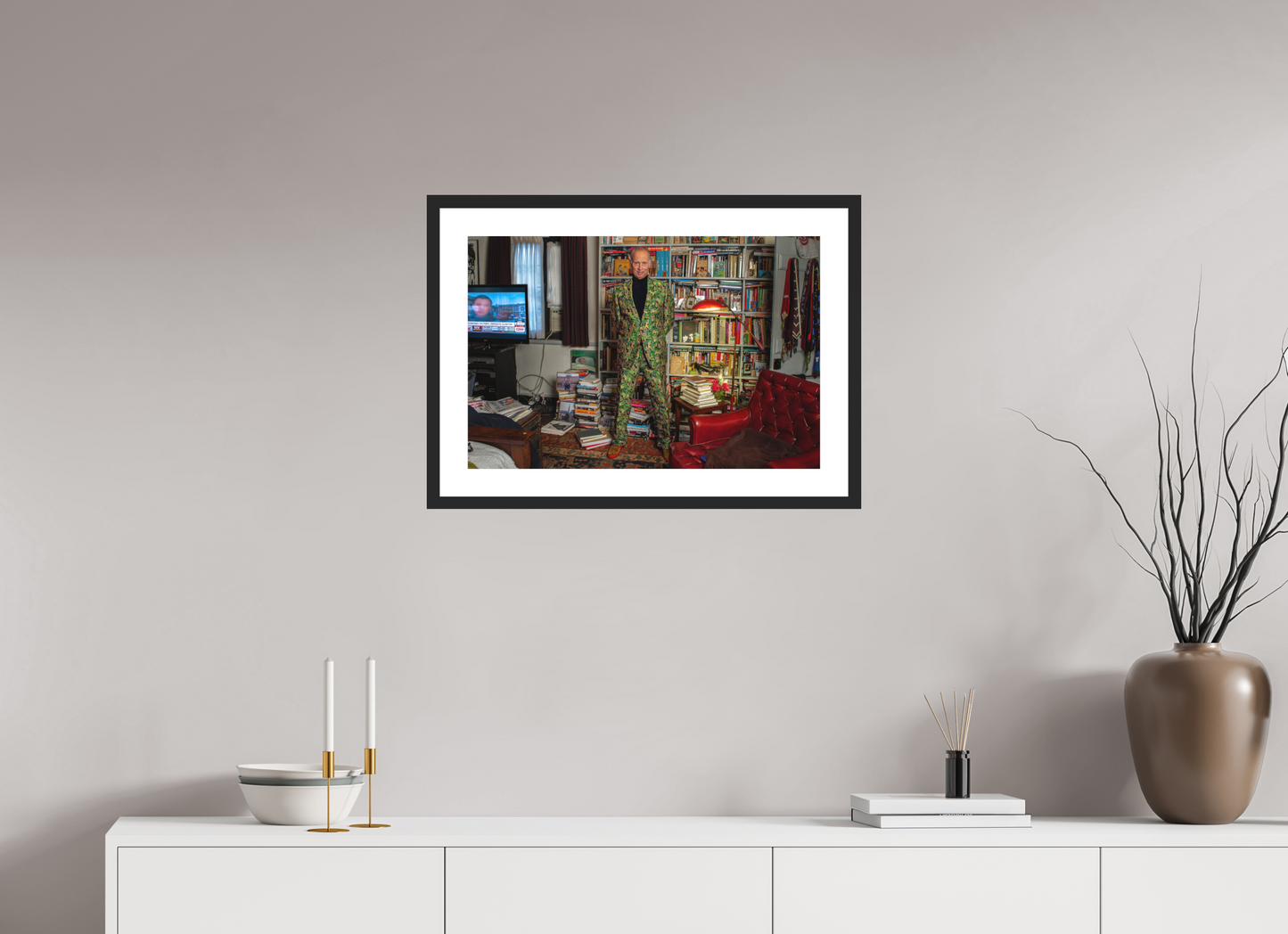 24 x 16″, Solid 0.8" Black Wood Frame With 2" Natural White Passe-Partout with Museum Glass Director John Waters in his Bedroom with TV