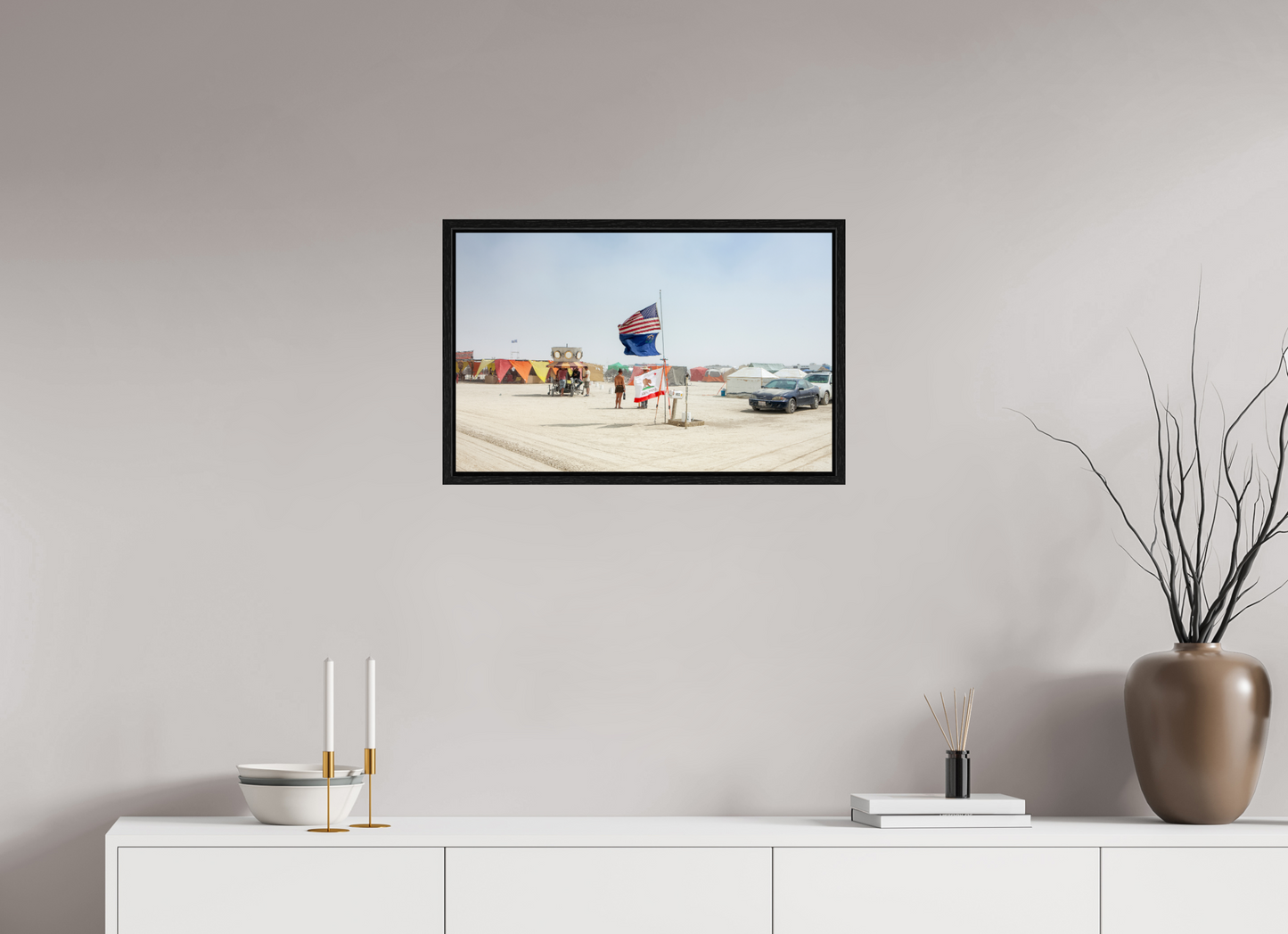 25.2 x 16″, Floater Frame Burning Man - Woman and Flags