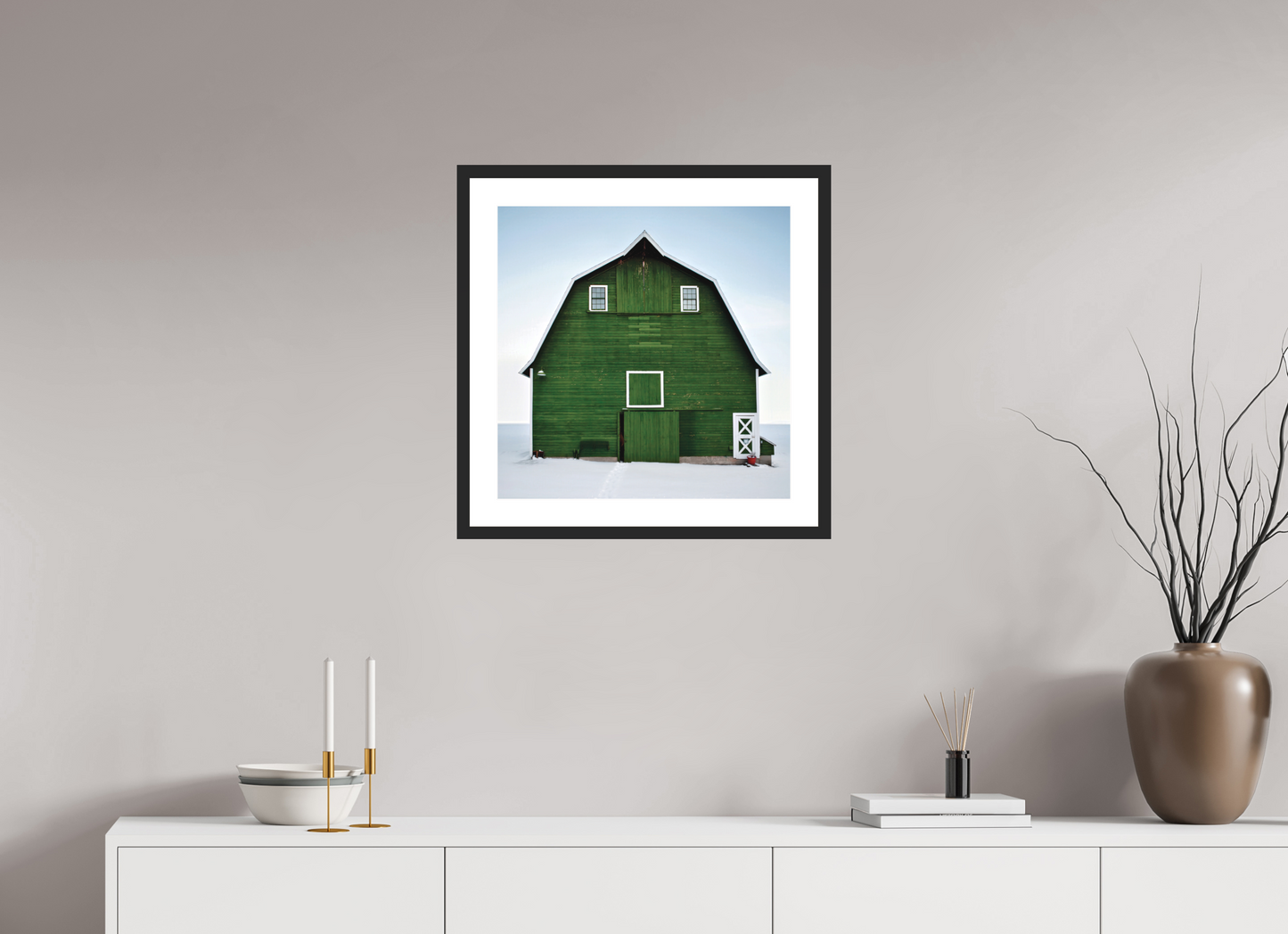 20 x 20″, Solid 0.8" Black Wood Frame With 2" Natural White Passe-Partout with Museum Glass Green Barn