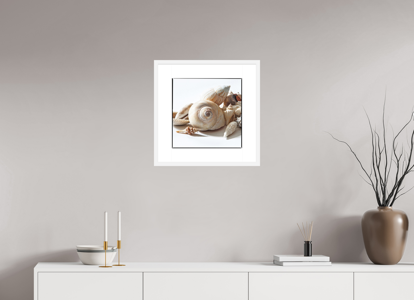 15 x 15″, Solid 0.8" White Wood Frame With 3" Natural White Passe-Partout with Museum Glass Sea Shells