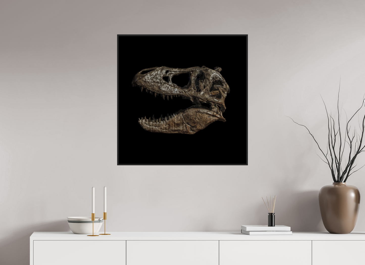 30 x 30″, Black Matte Frame, No Border T-Rex Skull