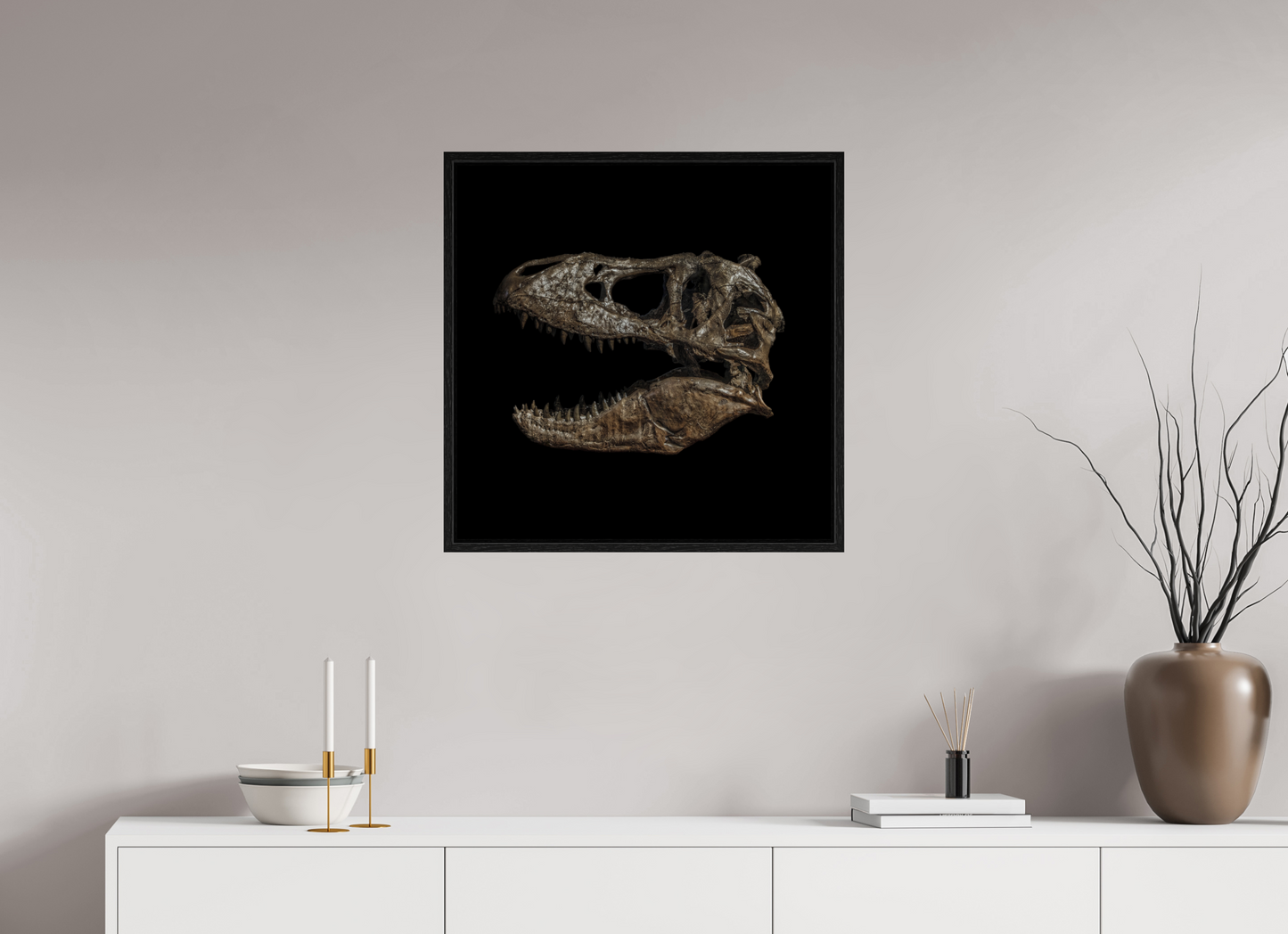25 x 25″, Floater Frame T-Rex Skull
