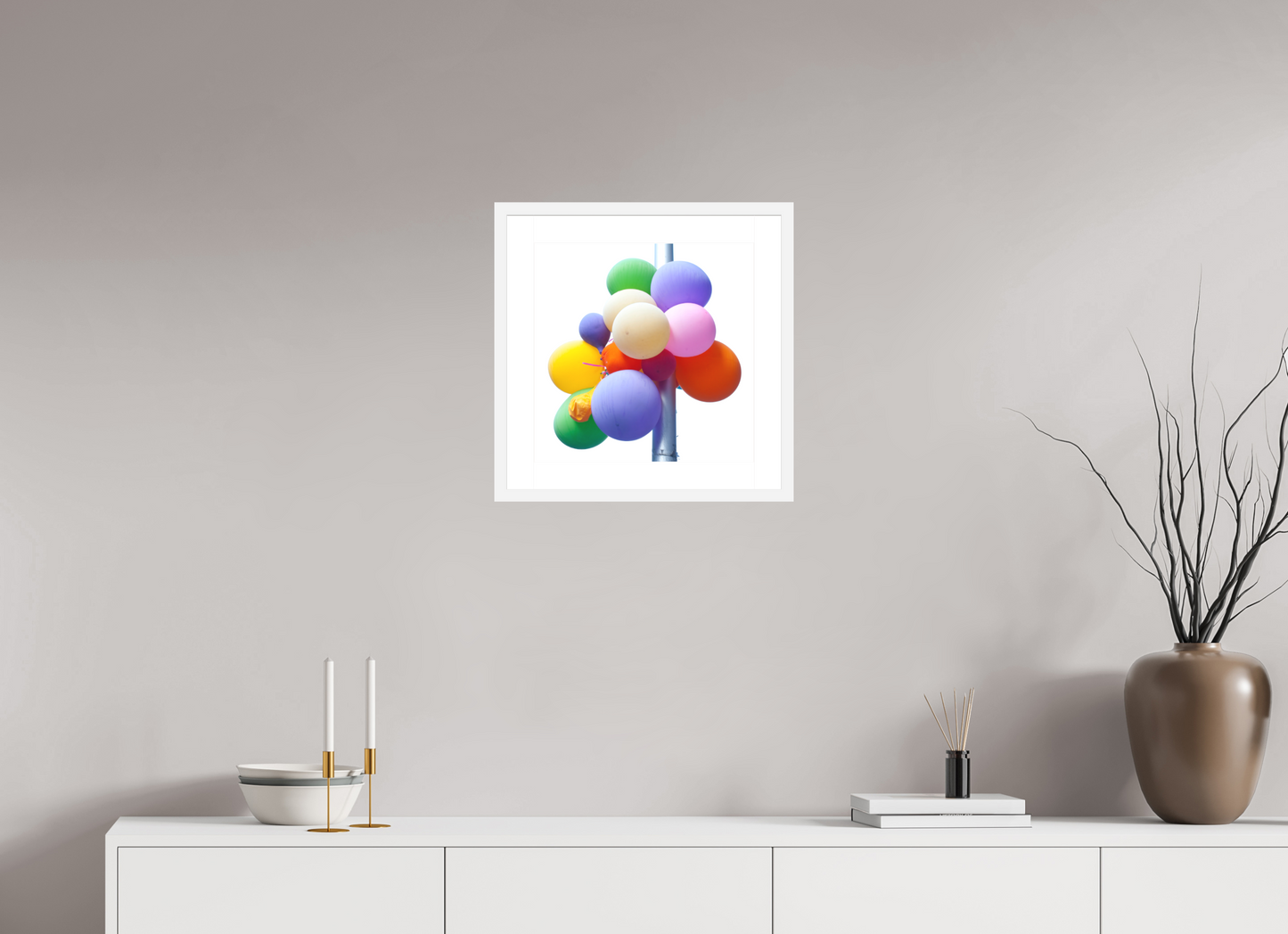 15 x 15″, Solid 0.8" White Wood Frame With 2" Natural White Passe-Partout with Museum Glass Colorful Ballons Tied to a Lamp Post