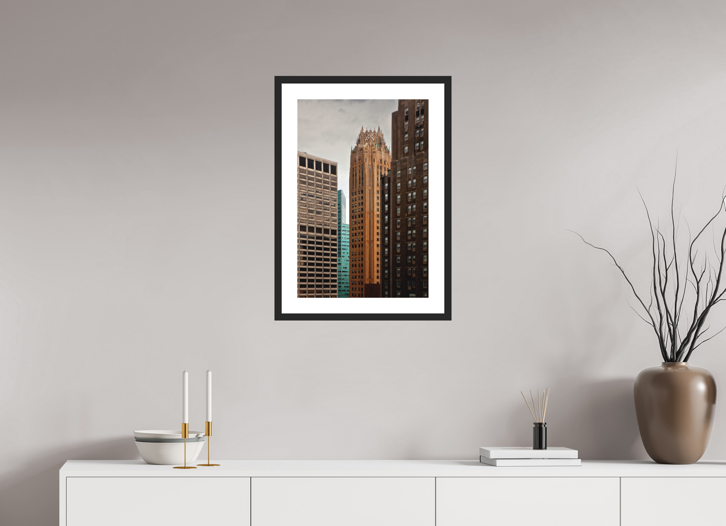 16 x 24″, Solid 0.8" Black Wood Frame With 2" Natural White Passe-Partout with Museum Glass General Electric Building