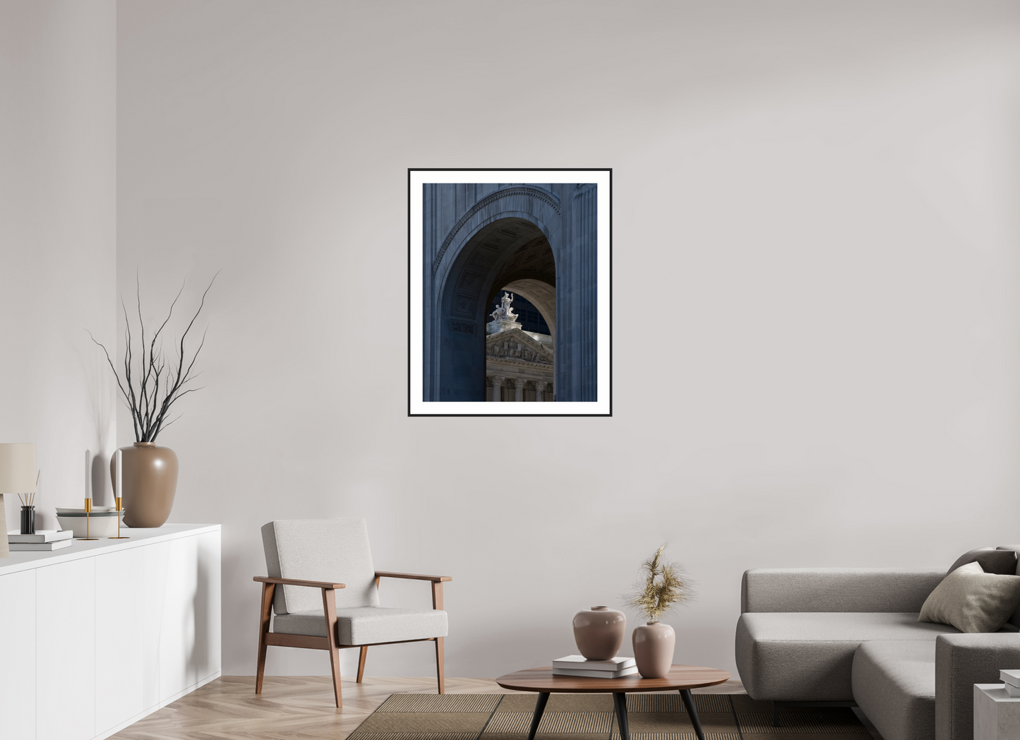 28 x 35″, Black Matte Frame Arches with Sculptures