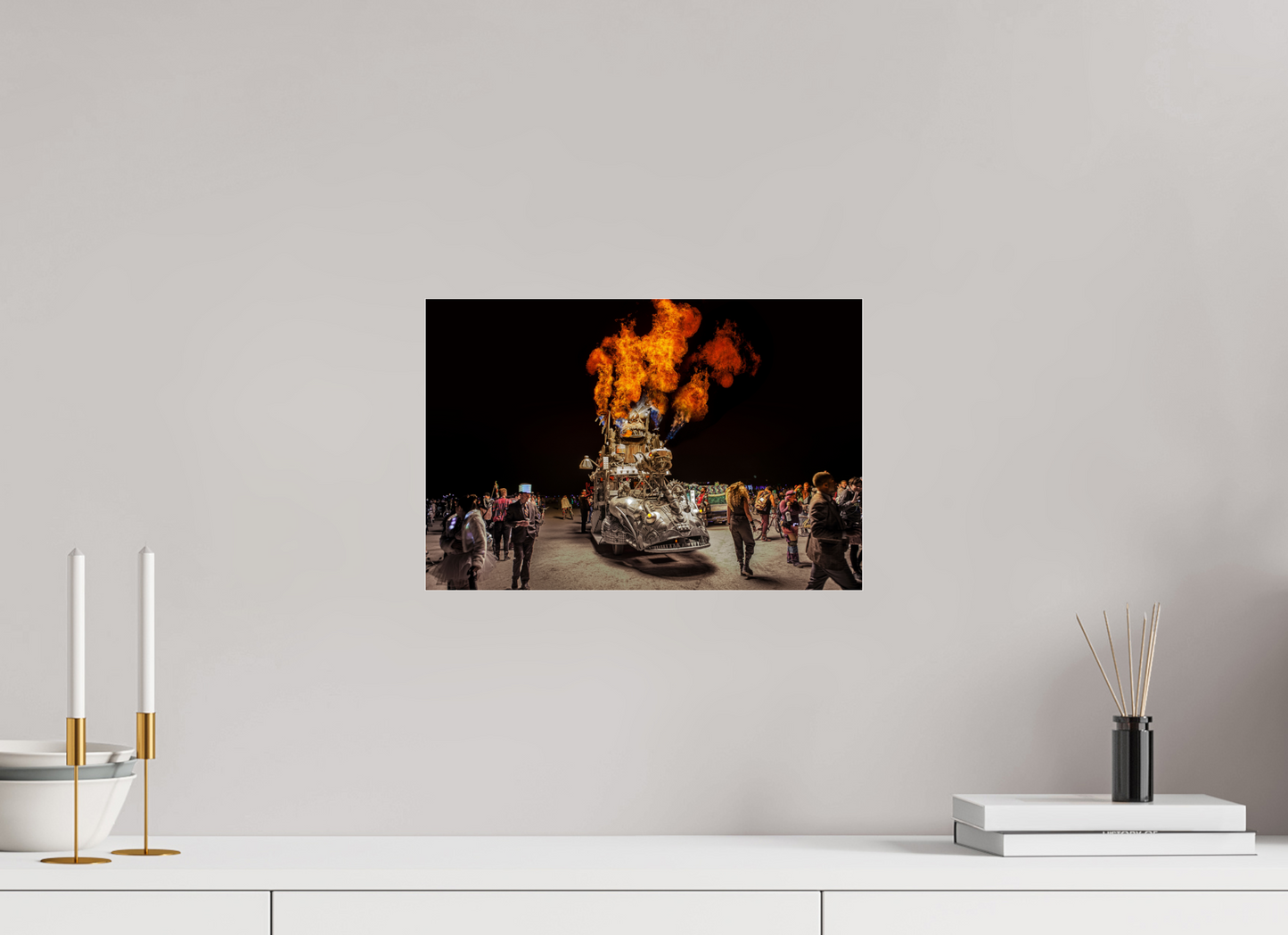 15 x 10″, Frameless Acrylic Glass Burning Man - Art Car with Flames