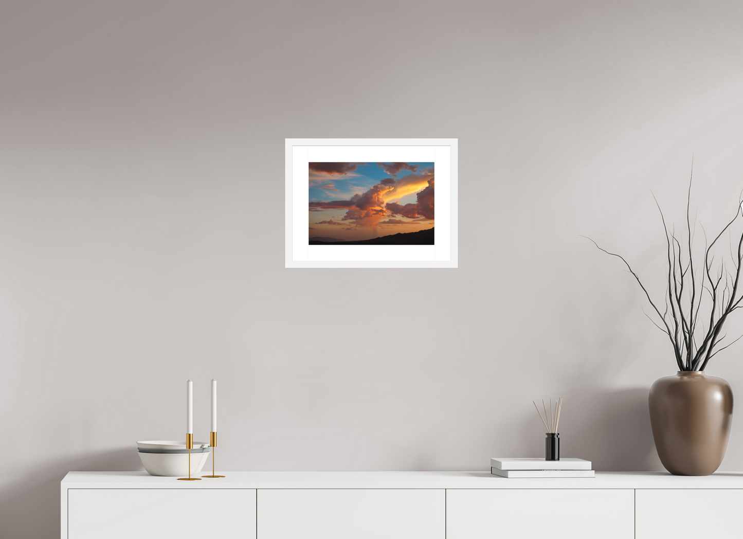 15 x 10″, Solid 0.8" White Wood Frame With 2" Natural White Passe-Partout with Museum Glass Sunset Clouds and Mountains