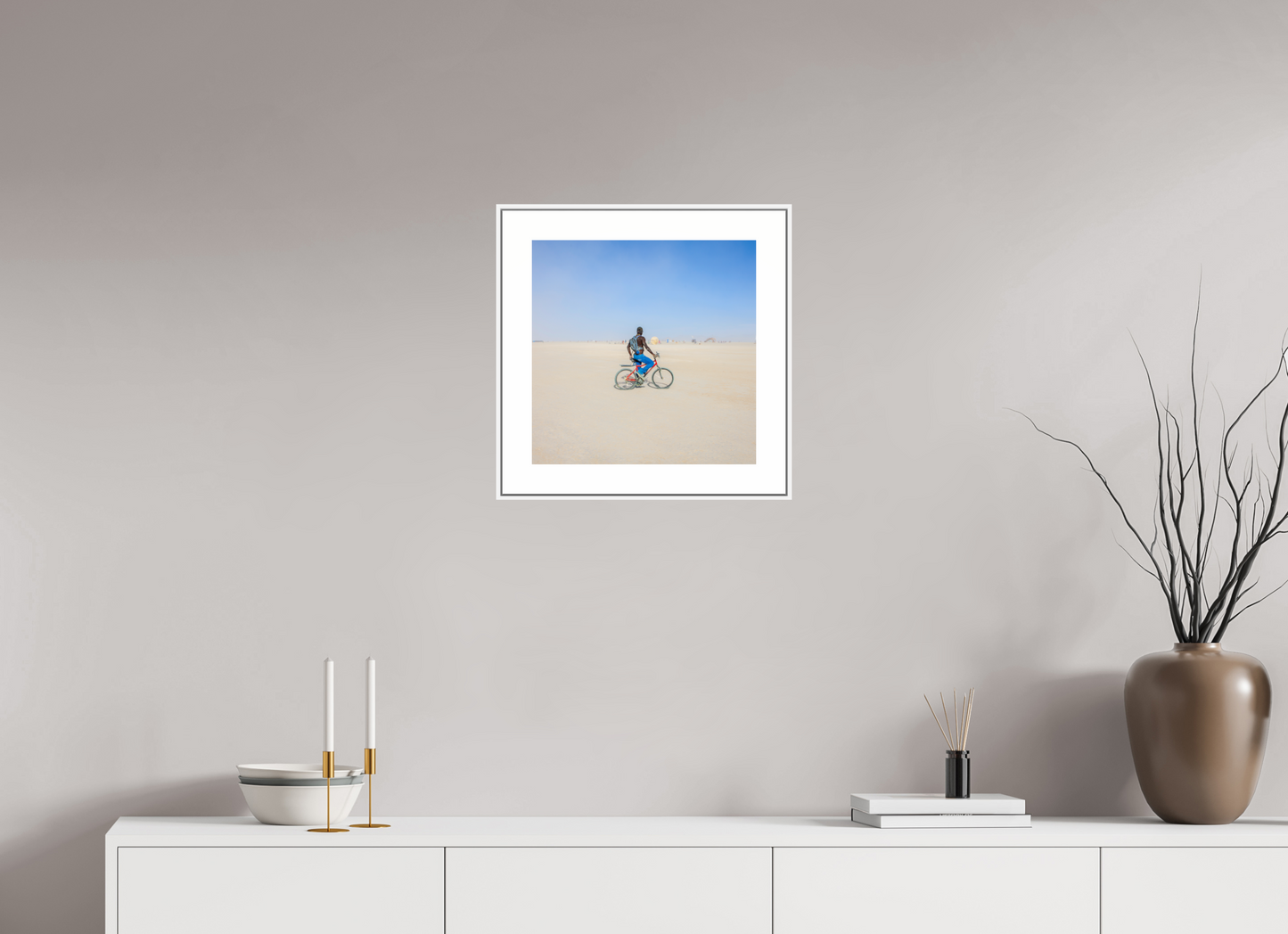 15 x 15″, White Matte Frame Burning Man - Man on Red Bike