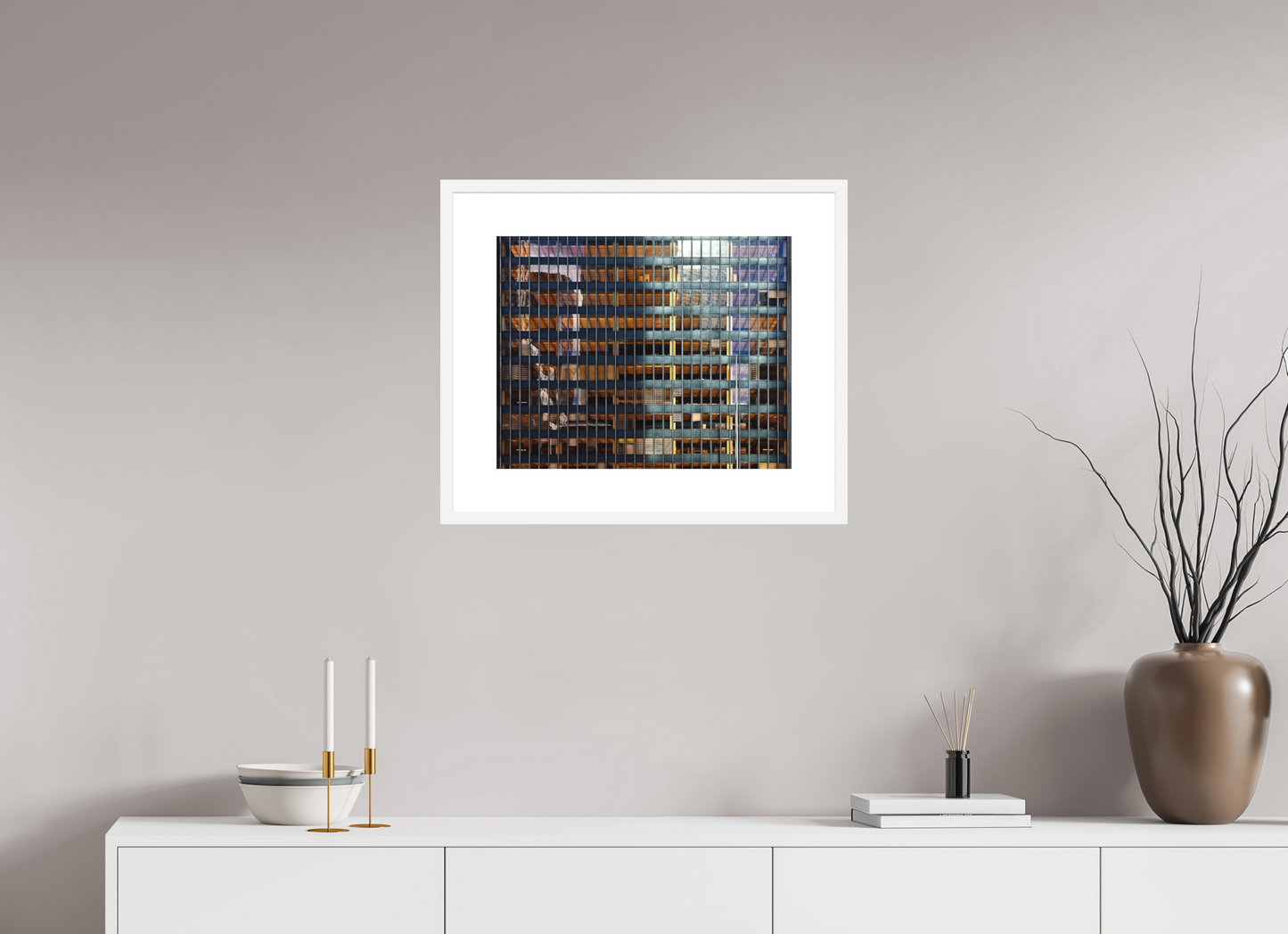 20.2 x 16″, Solid 0.8" White Wood Frame With 3" Natural White Passe-Partout with Museum Glass Seagram Building