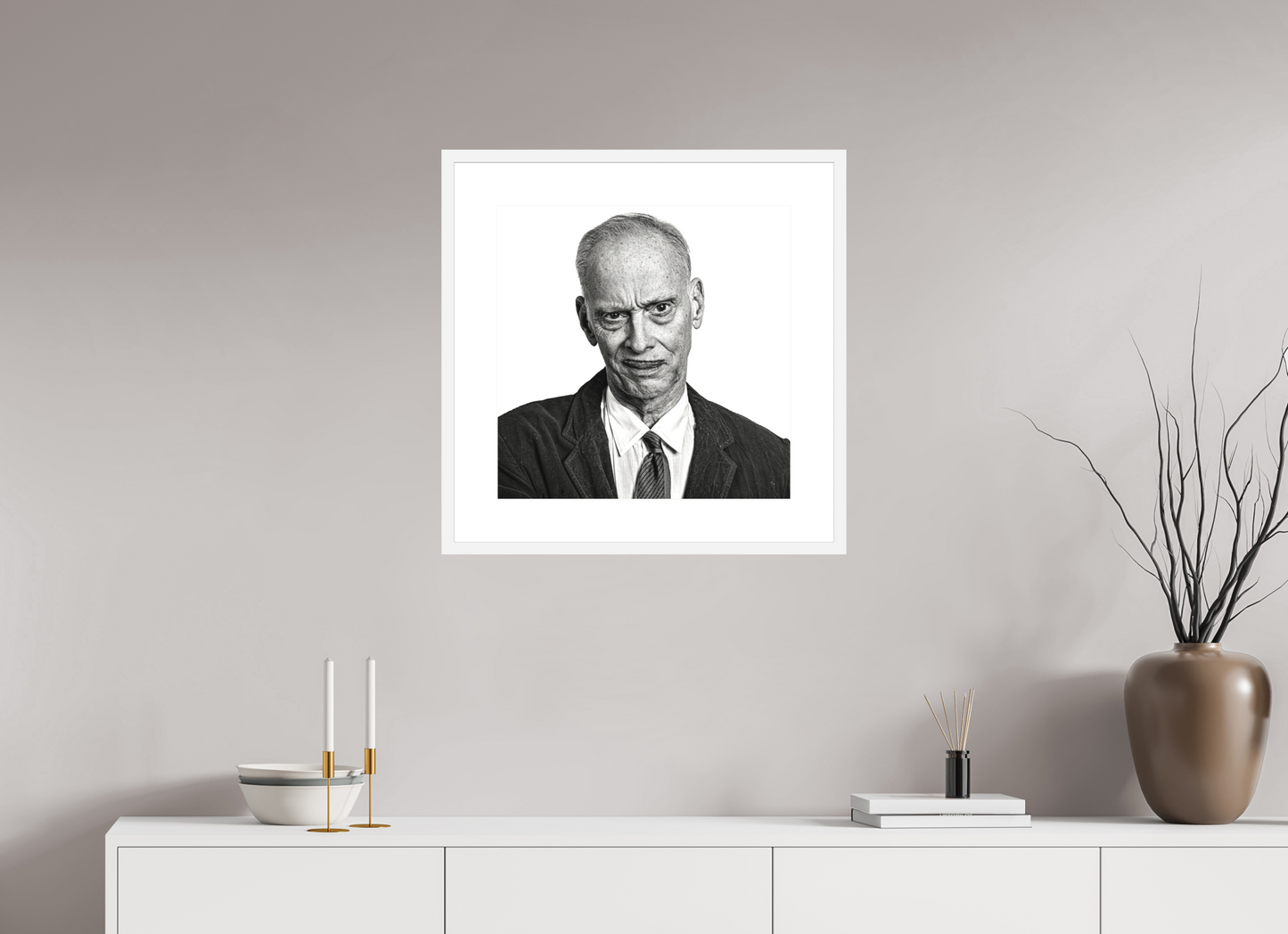 20 x 20″, Solid 0.8" White Wood Frame With 3" Natural White Passe-Partout with Museum Glass Director John Waters Grimacing (square format)