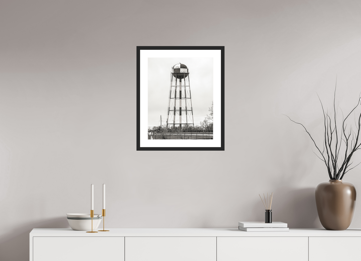 16 x 20″, Solid 0.8" Black Wood Frame With 2" Natural White Passe-Partout with Museum Glass Checkered Water Tower