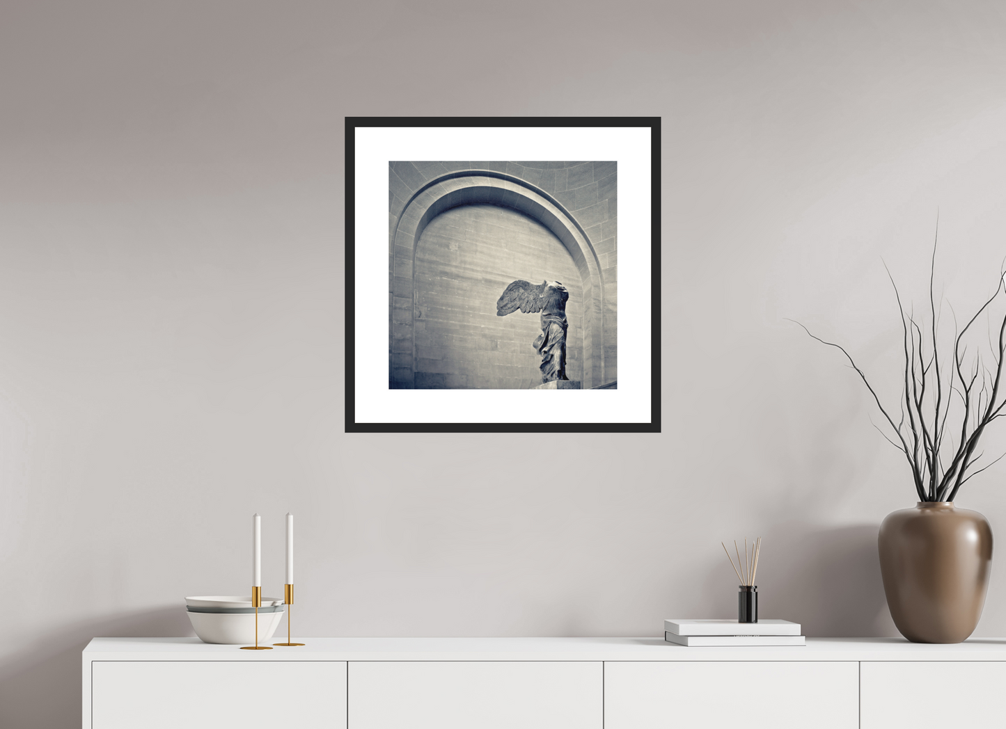 20 x 20″, Solid 0.8" Black Wood Frame With 3" Natural White Passe-Partout with Museum Glass Winged Victory of Samothrace