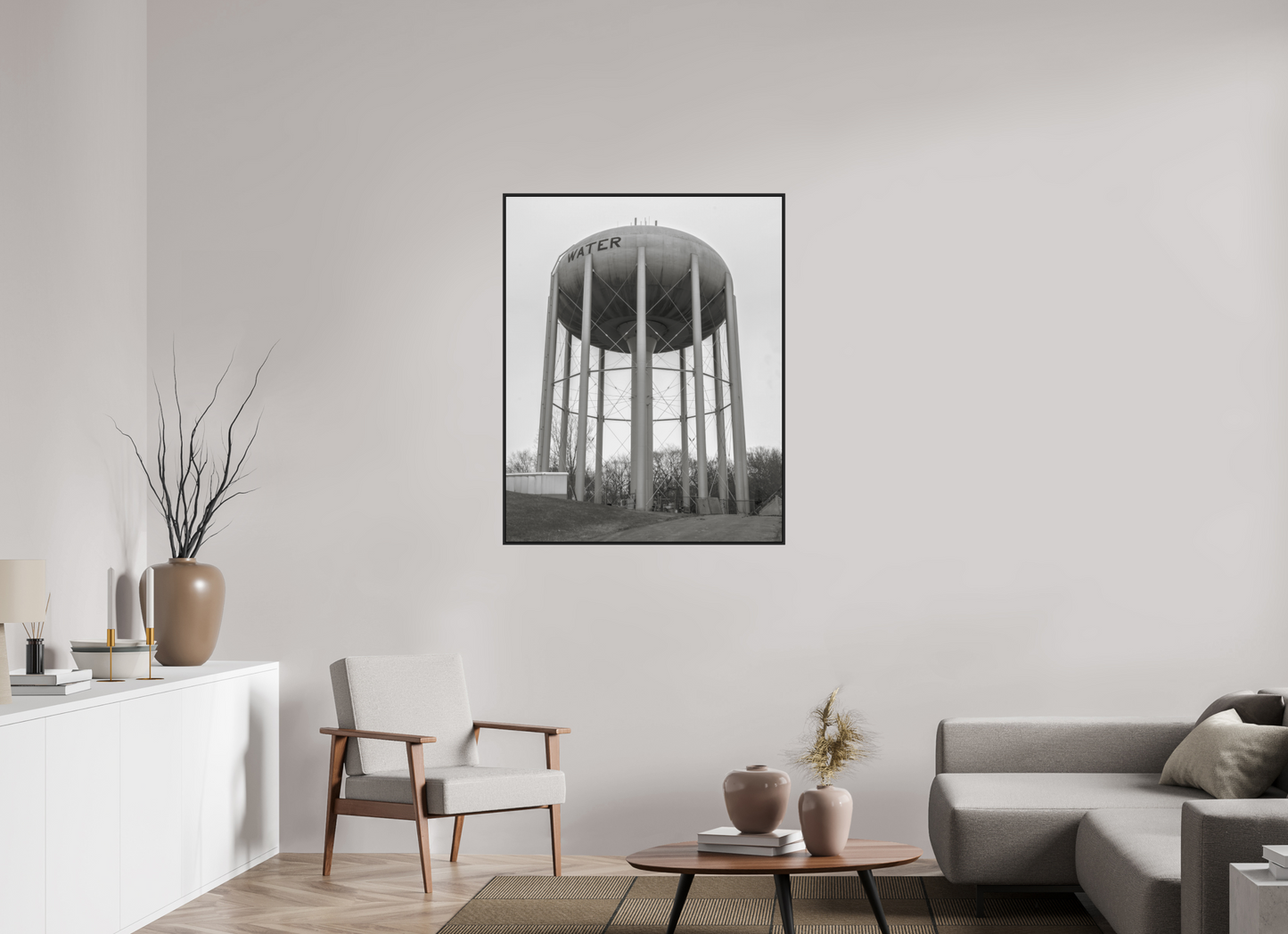 35 x 43.7″, Black Matte Frame, No Border Grey Water Tower