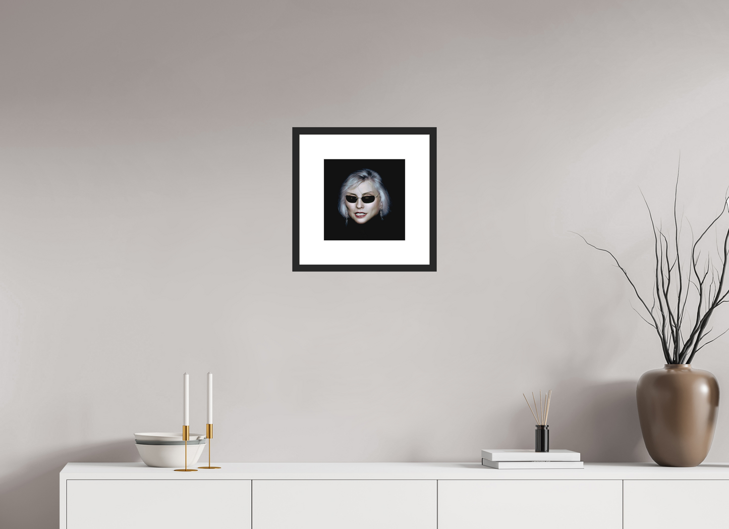 10 x 10″, Solid 0.8" Black Wood Frame With 3" Natural White Passe-Partout with Museum Glass Debbie Harry Wearing Glasses
