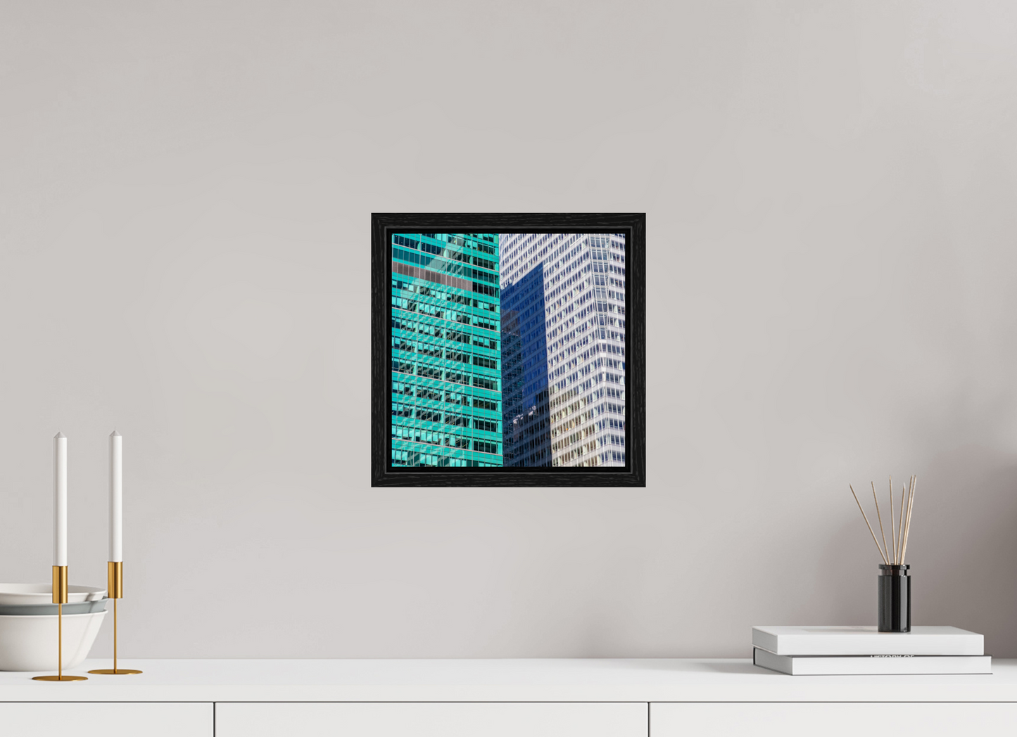 10 x 10″, Floater Frame Green and White Office Buildings