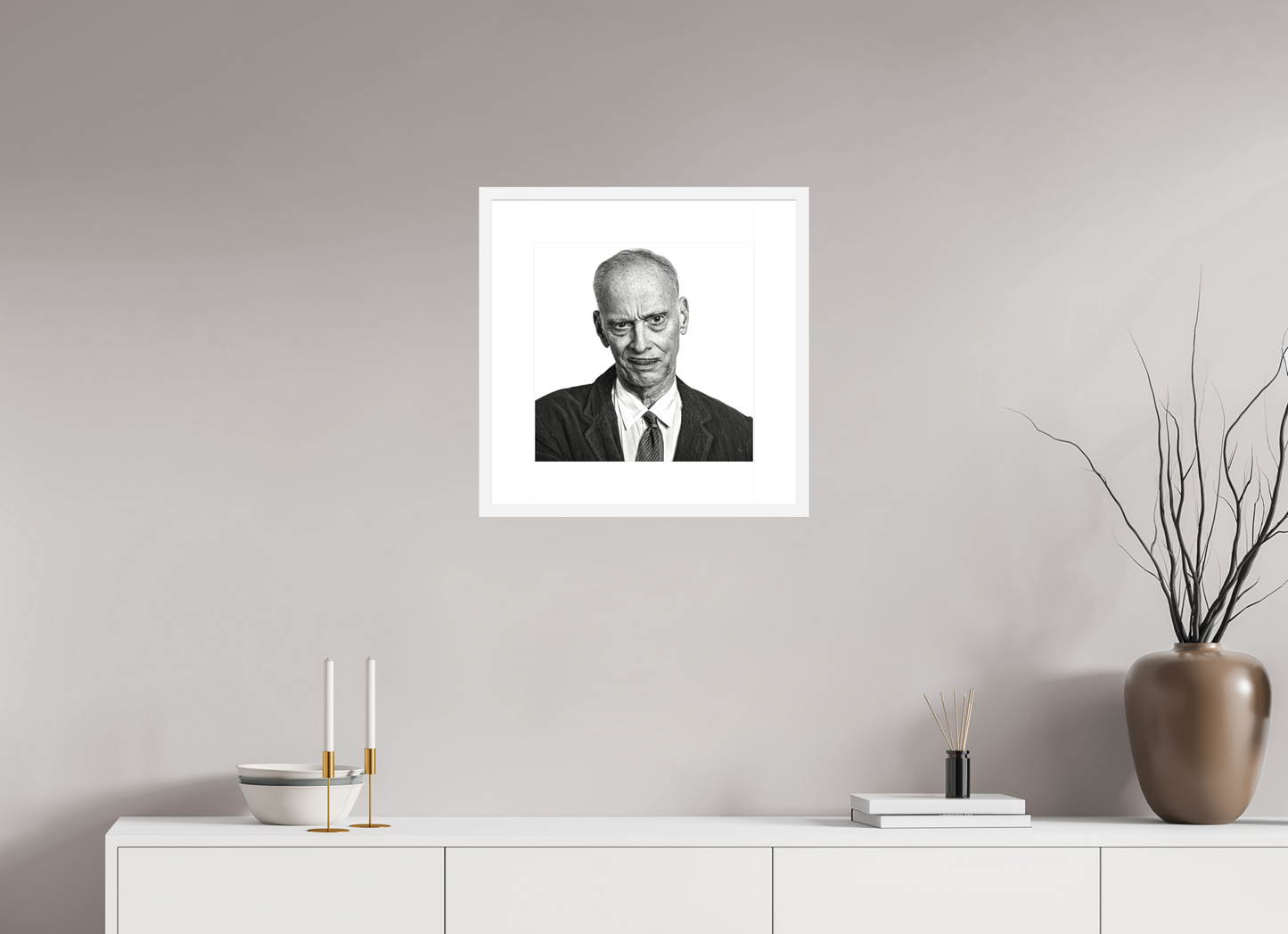 15 x 15″, Solid 0.8" White Wood Frame With 3" Natural White Passe-Partout with Museum Glass Director John Waters Grimacing (square format)