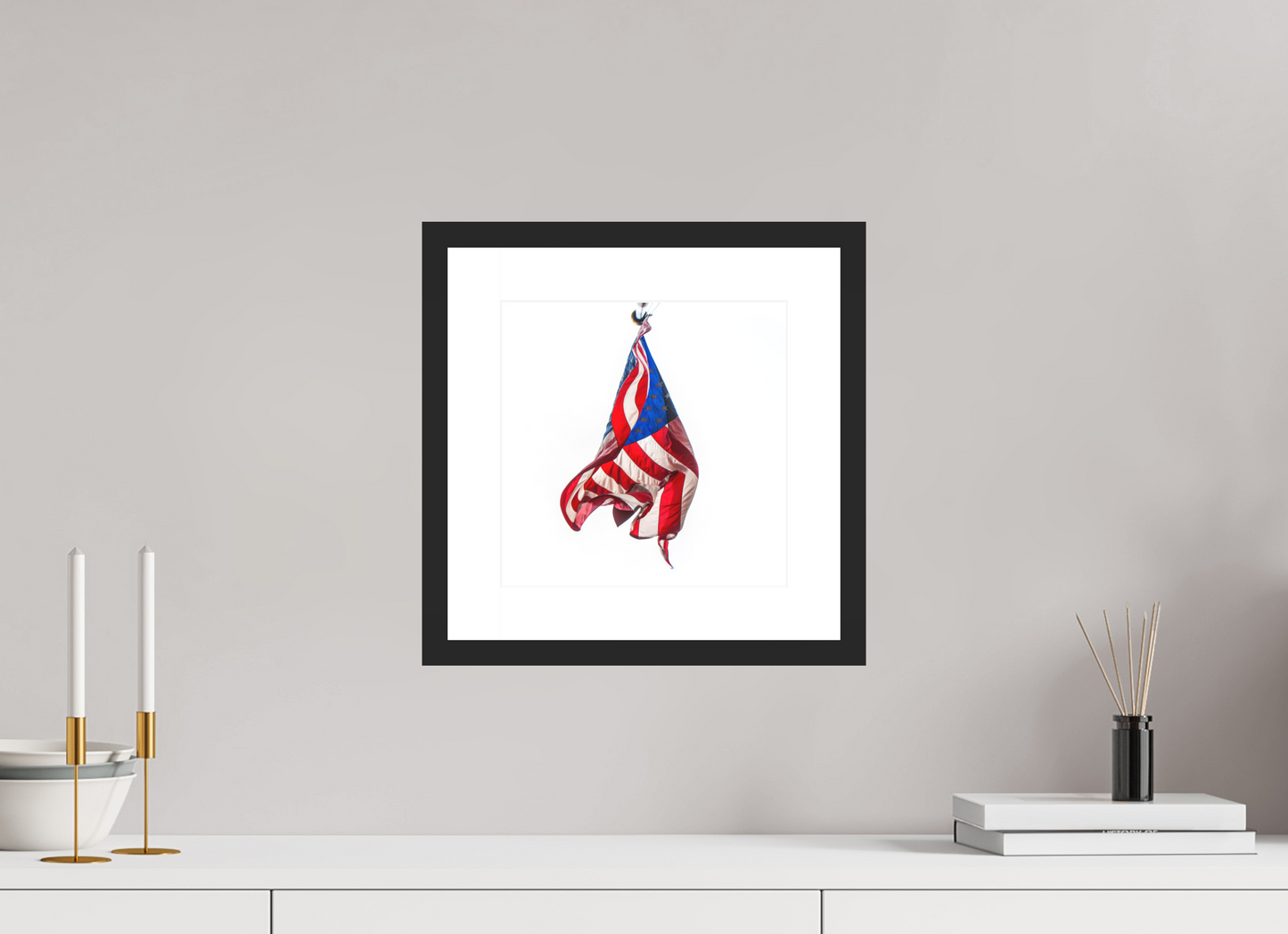10 x 10″, Solid 0.8" Black Wood Frame With 2" Natural White Passe-Partout with Museum Glass Crumpled USA Flag