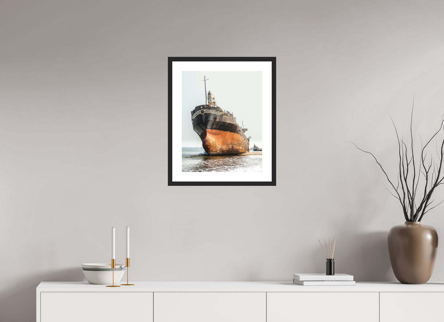 16 x 20″, Solid 0.8" Black Wood Frame With 2" Natural White Passe-Partout with Museum Glass Grounded Ship Angola