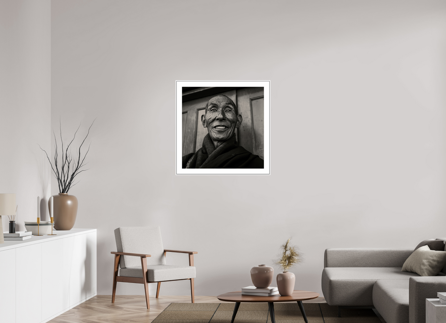 30 x 30″, White Matte Frame Reincarnated Tibetan Monk
