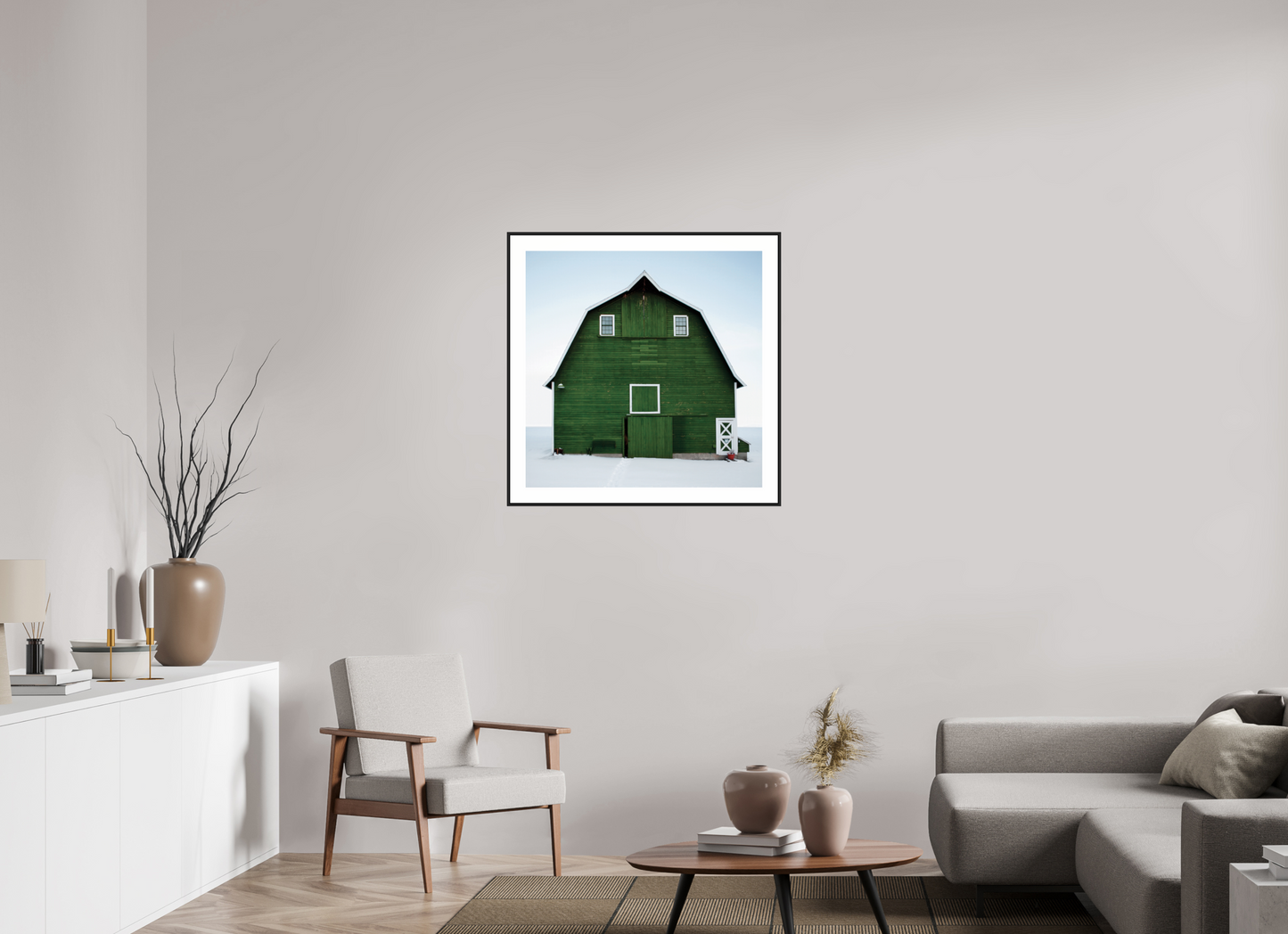 30 x 30″, Black Matte Frame Green Barn