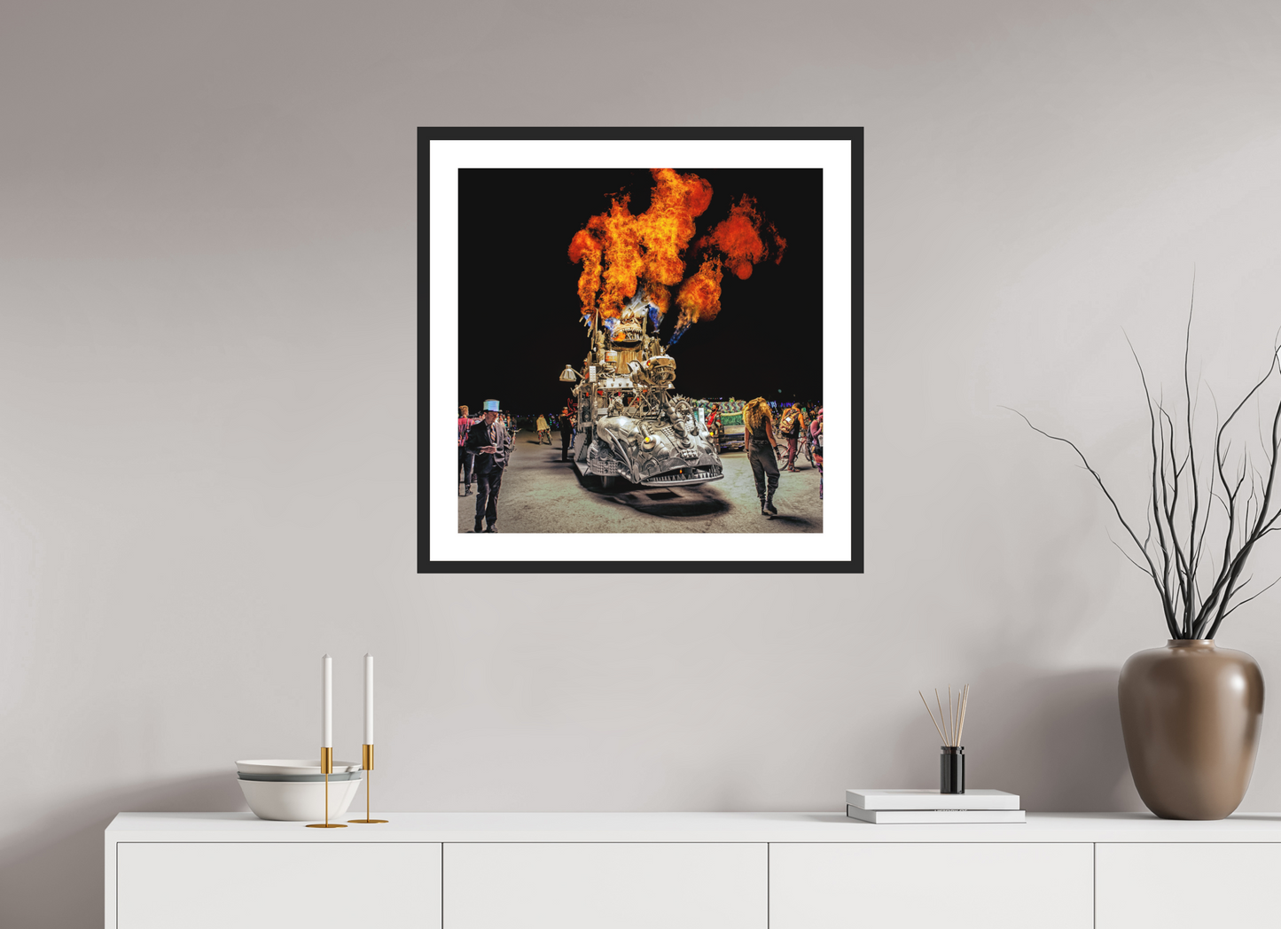 25 x 25″, Solid 0.8" Black Wood Frame With 2" Natural White Passe-Partout with Museum Glass Burning Man - Art Car with Flames (square format)