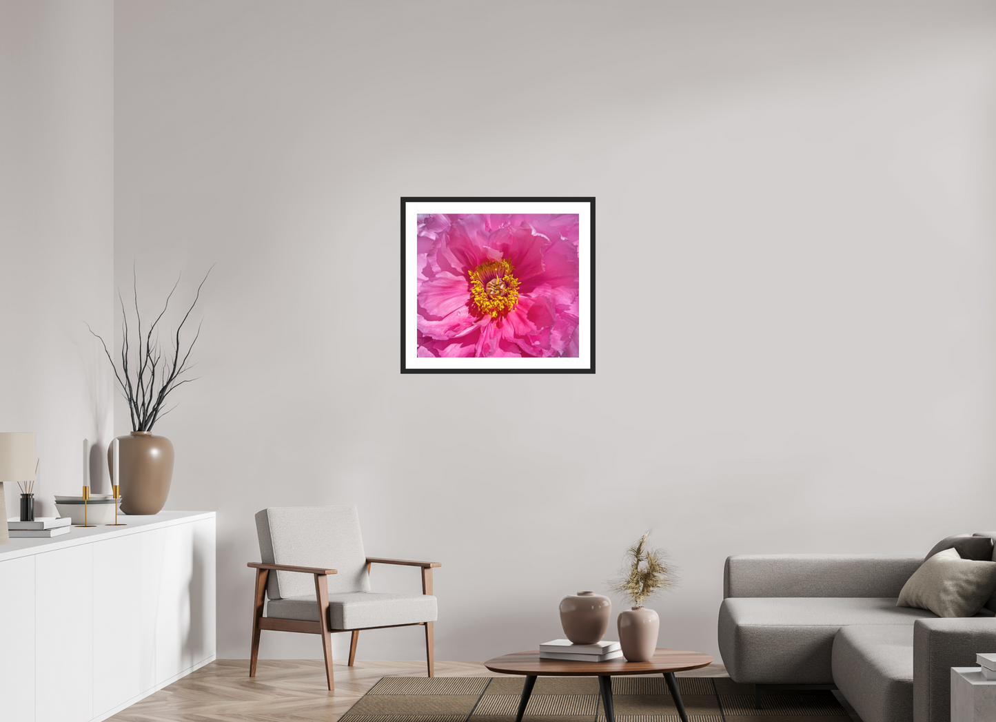 27 x 24″, Solid 0.8" Black Wood Frame With 2" Natural White Passe-Partout with Museum Glass Pink Flower