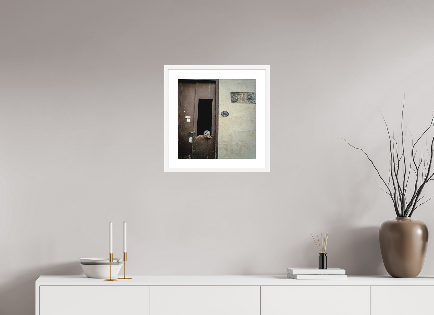 16 x 16.2″, Solid 0.8" White Wood Frame With 2" Natural White Passe-Partout with Museum Glass Cuban Woman in Window, Havana