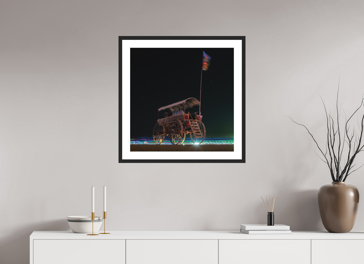 25 x 25″, Solid 0.8" Black Wood Frame With 2" Natural White Passe-Partout with Museum Glass Burning Man - Art Car with Flag