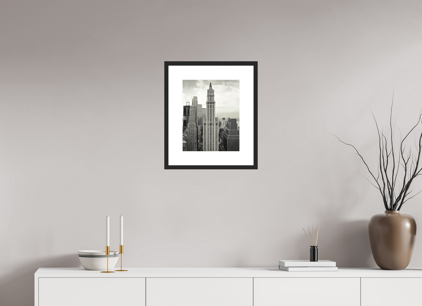 12 x 15″, Solid 0.8" Black Wood Frame With 3" Natural White Passe-Partout with Museum Glass The Woolworth Building