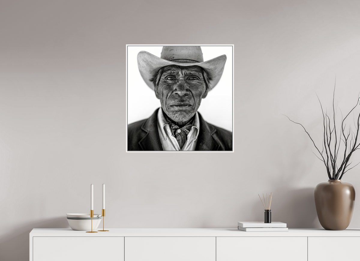 25 x 25″, White Matte Frame, No Border Tarahumara Cowboy