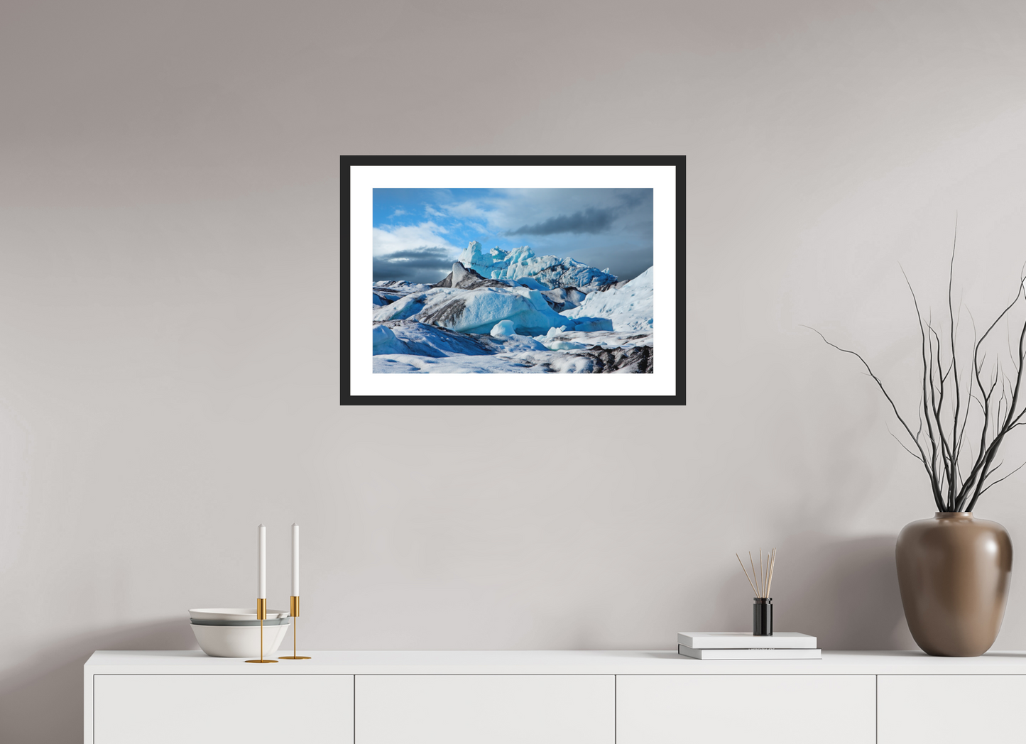 24 x 16″, Solid 0.8" Black Wood Frame With 2" Natural White Passe-Partout with Museum Glass Iceland Icebergs