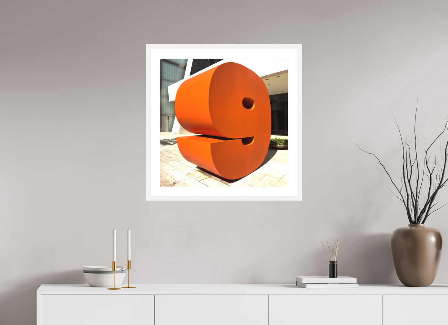 25 x 25″, Solid 0.8" White Wood Frame With 2" Natural White Passe-Partout with Museum Glass Number 9