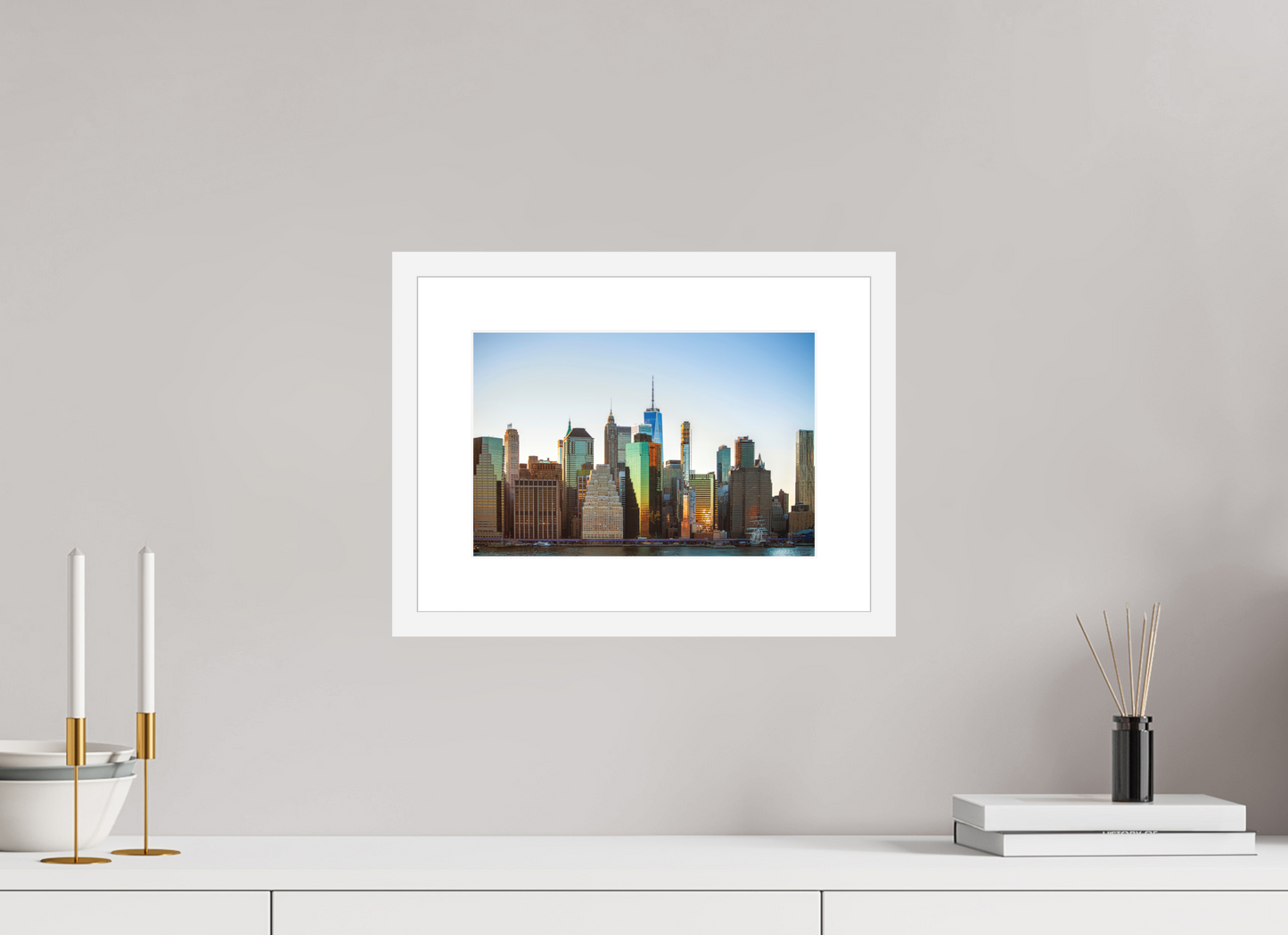 12 x 8″, Solid 0.8" White Wood Frame With 2" Natural White Passe-Partout with Museum Glass Lower Manhattan
