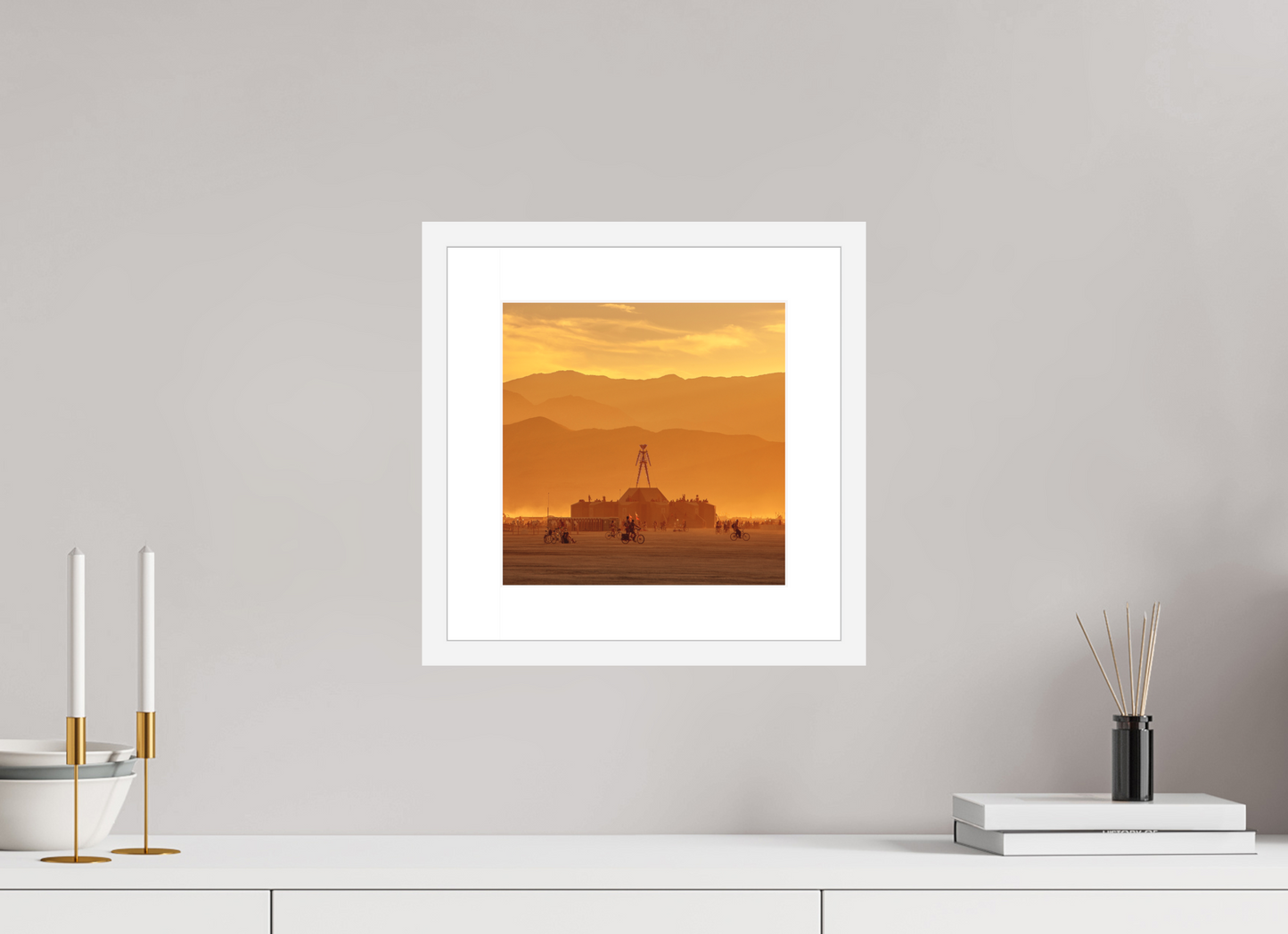 10 x 10″, Solid 0.8" White Wood Frame With 2" Natural White Passe-Partout with Museum Glass Burning Man with Mountains