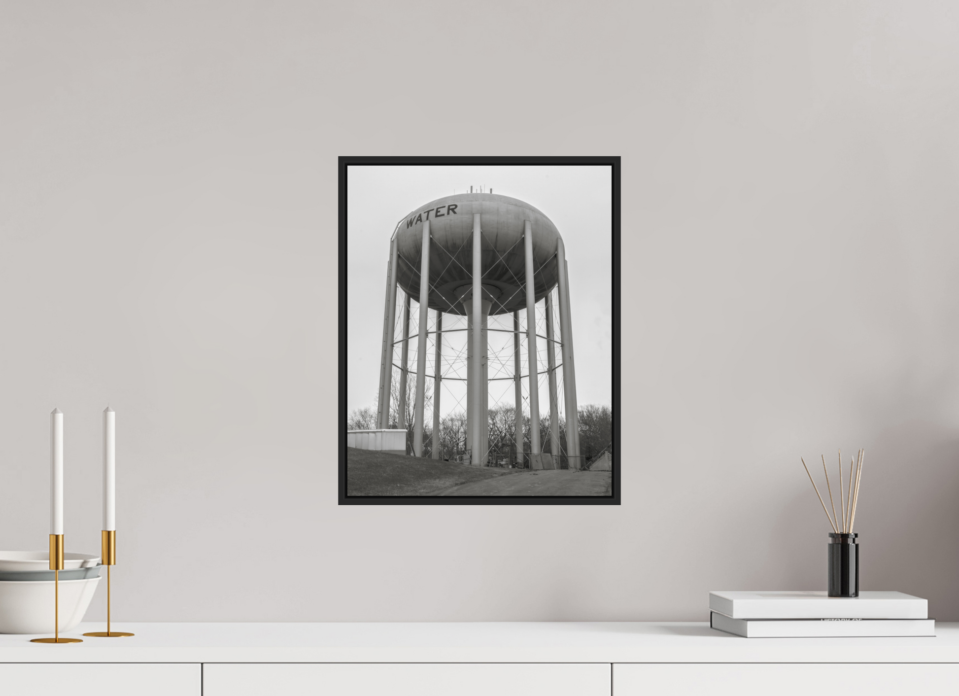 12 x 15″, Black Matte Frame, No Border Grey Water Tower