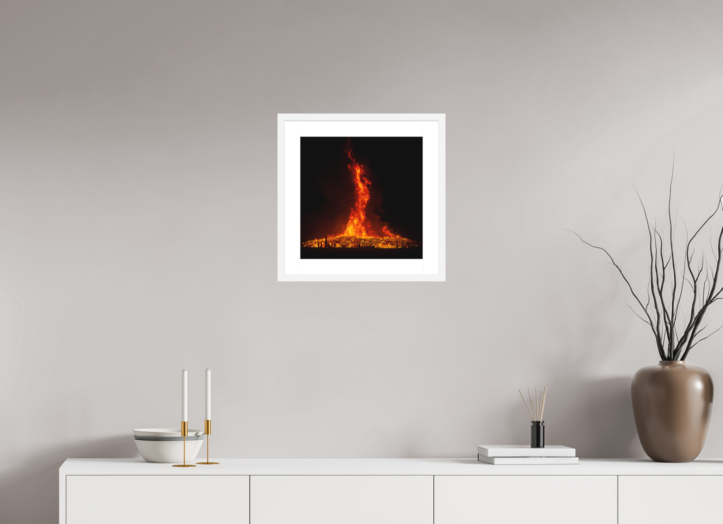 15 x 15″, Solid 0.8" White Wood Frame With 2" Natural White Passe-Partout with Museum Glass Burning Man - Temple Burn 2
