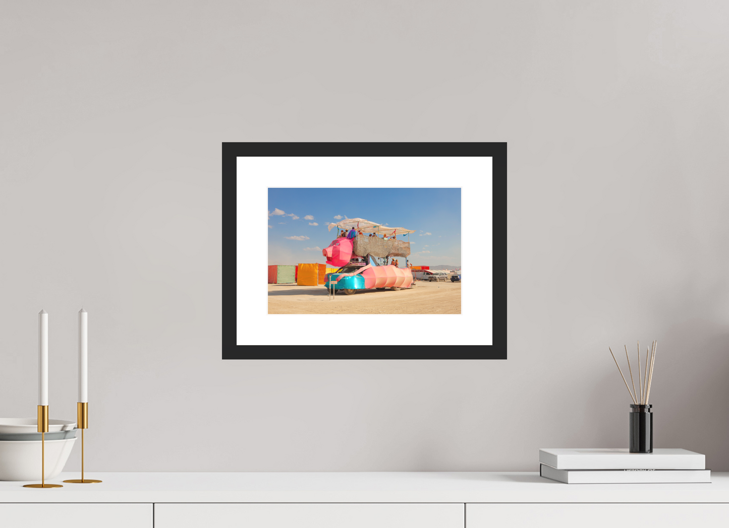 12 x 8″, Solid 0.8" Black Wood Frame With 2" Natural White Passe-Partout with Museum Glass Burning Man - Art Car Ponco