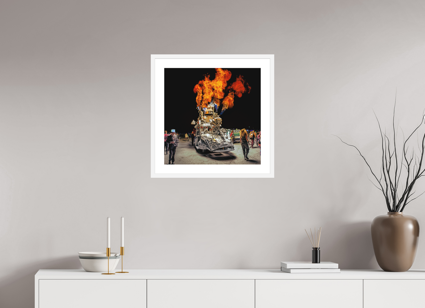 20 x 20″, Solid 0.8" White Wood Frame With 2" Natural White Passe-Partout with Museum Glass Burning Man - Art Car with Flames (square format)