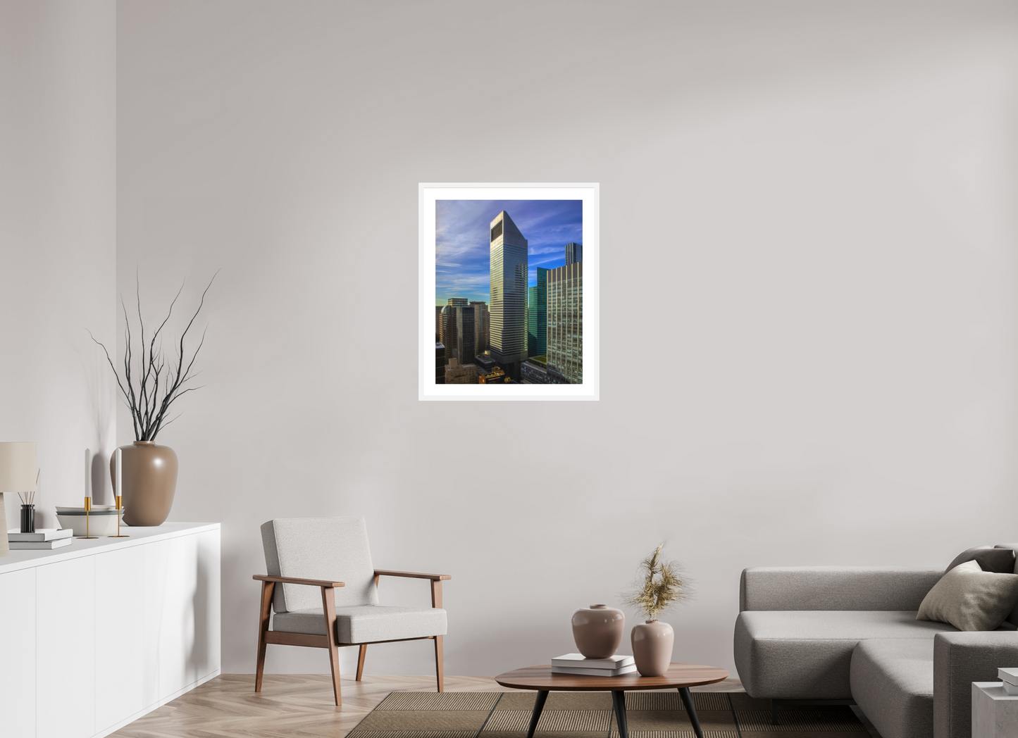 24 x 30″, Solid 0.8" White Wood Frame With 2" Natural White Passe-Partout with Museum Glass CitiCorp Tower