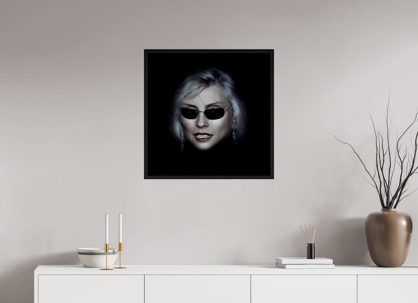 25 x 25″, Floater Frame Debbie Harry Wearing Glasses